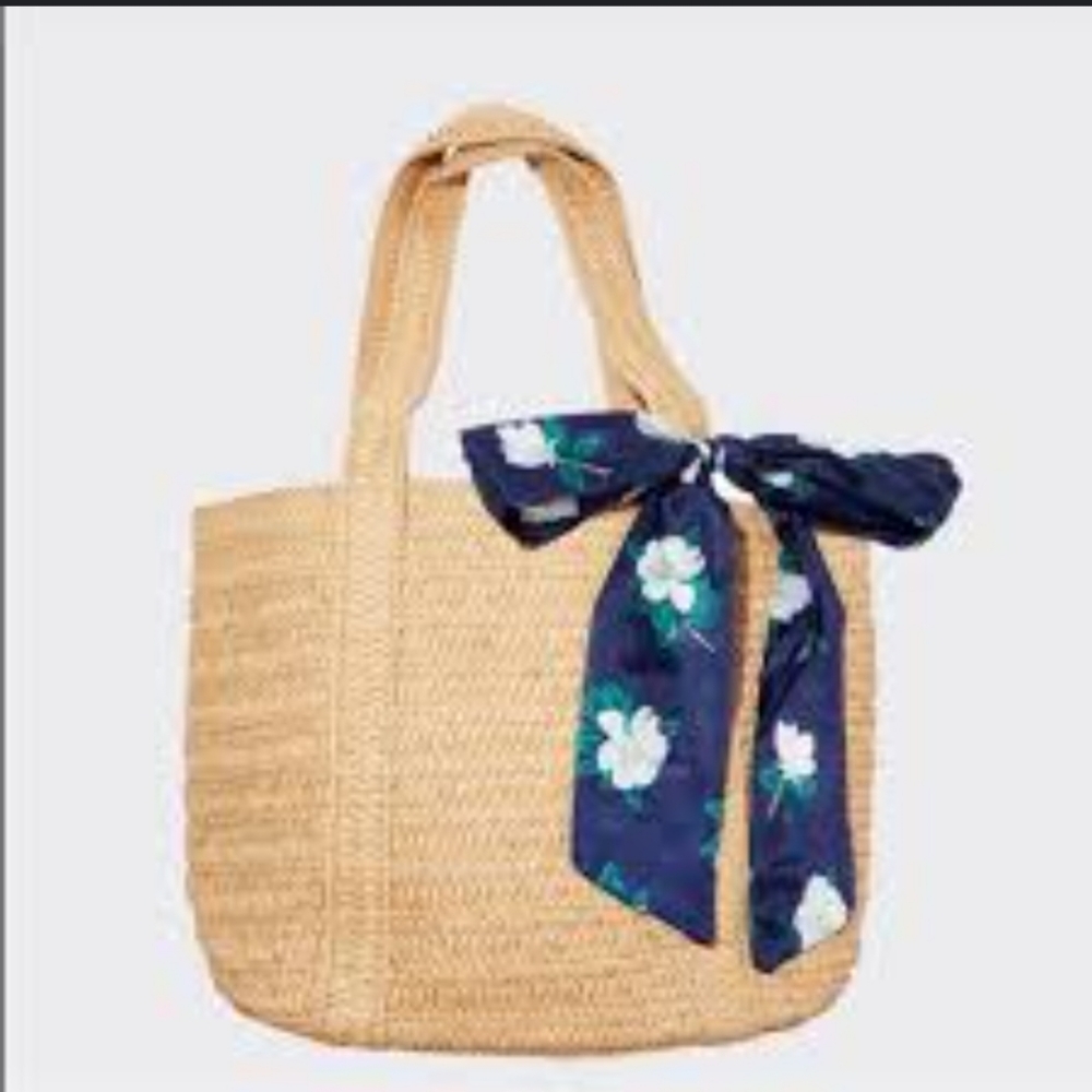 Draper James Straw Shoulder Tote with Navy Floral Bow